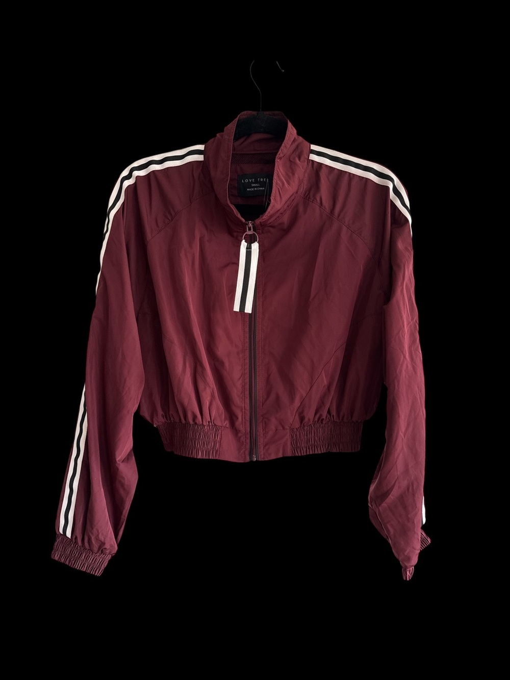 Love Tree Maroon Bomber Jacket with White Stripe Detail